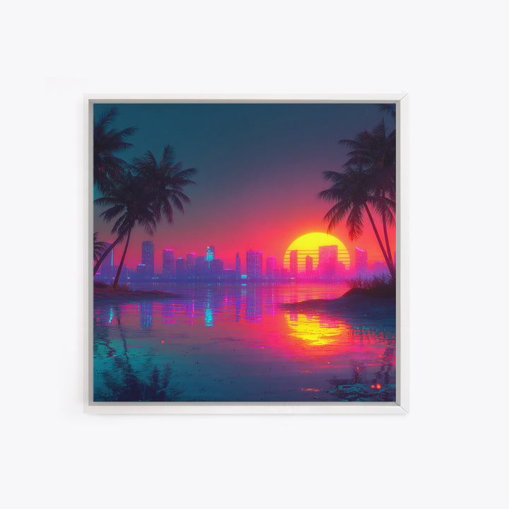Retro Neon Beach Sunset City Skyline Wall Art Vaporwave Aesthetic Canvas Print Modern Coastal Wall Art Decor