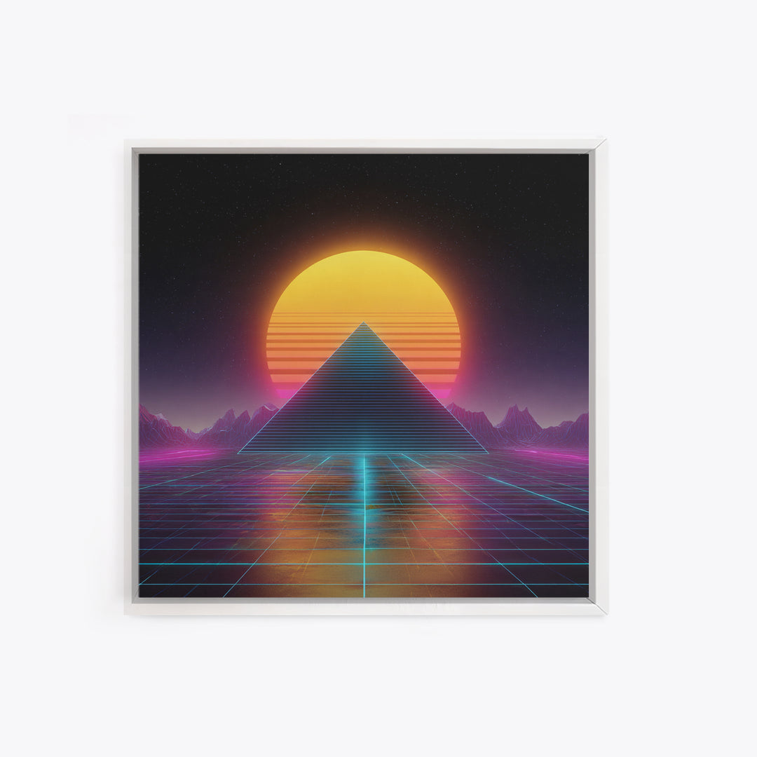 Retro Futuristic Pyramid Neon Sunset Landscape Wall Art Vaporwave Synthwave Painting Gaming Room Decor Canvas Print