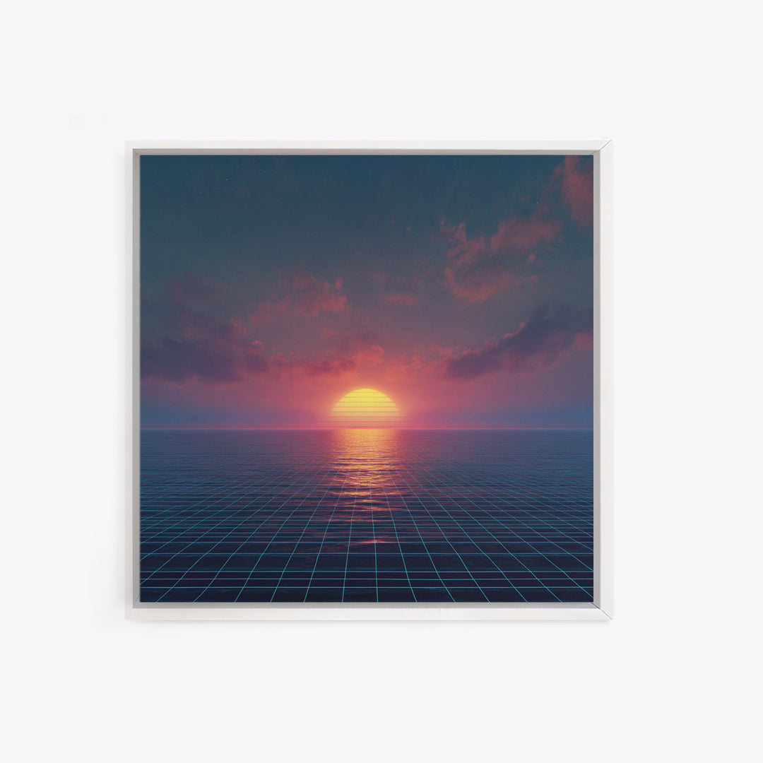 Neon Ocean Horizon Sunset Canvas Print, Retro Grid Seascape Wall Art, Futuristic Coastal Decor, Synthwave Bedroom Or Gaming Room Art