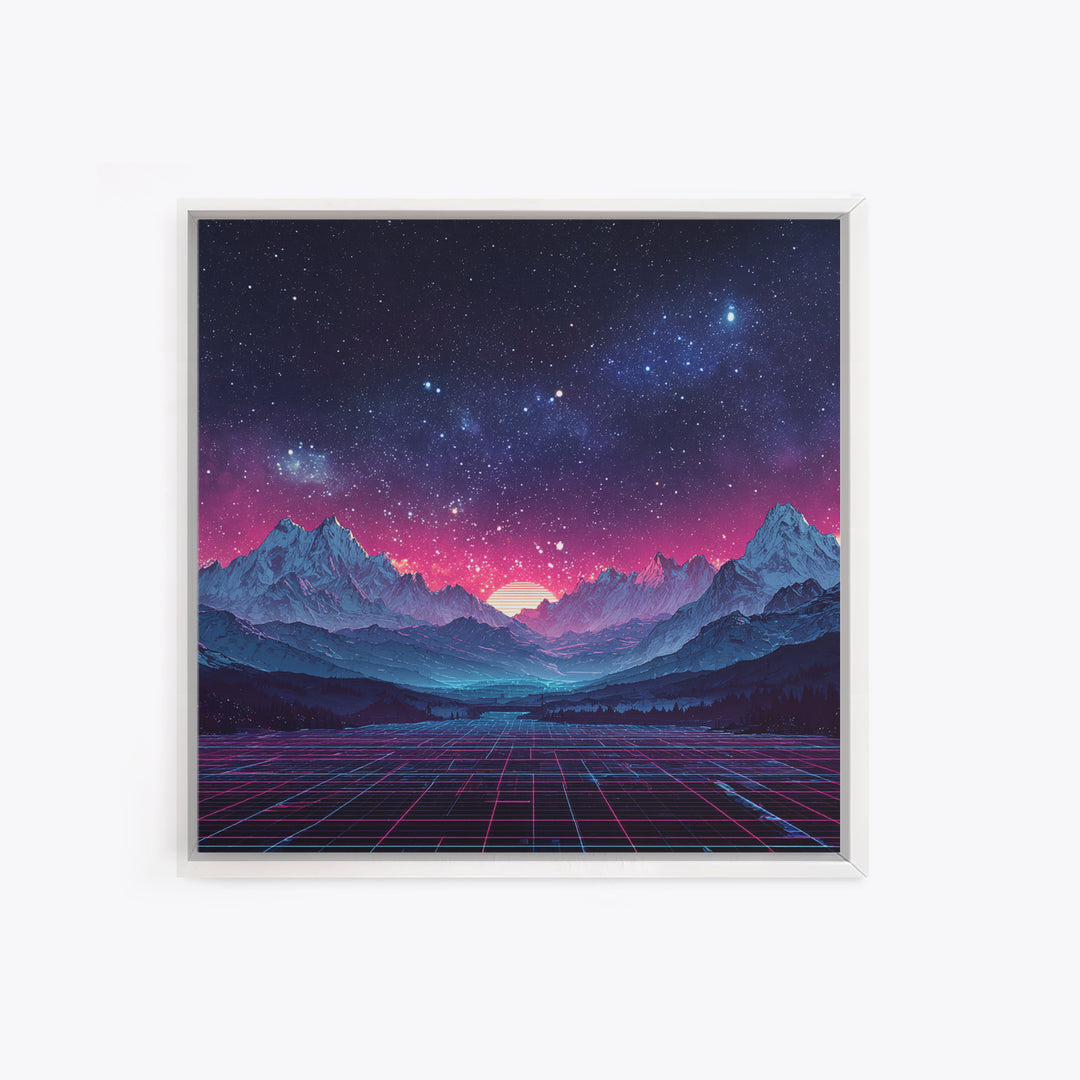 Neon Retro Mountains At Night Wall Art, Synthwave Landscape Print, Futuristic Gaming Room Decor, Vaporwave Aesthetic Wall Art