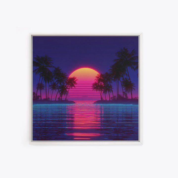 Retro Neon Island Sunset Wall Art, Synthwave Palm Tree Canvas Print, Vaporwave City Beach Decor, Futuristic Coastal Art
