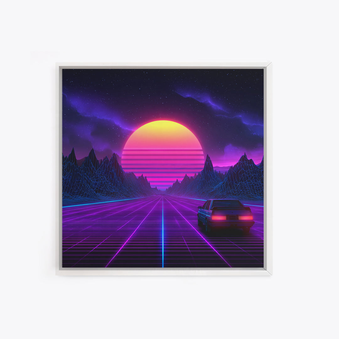 Neon Retro Highway Vaporwave Landscape Wall Art Canvas Print, Futuristic Sci Fi Gaming Room Decor Modern Abstract Art