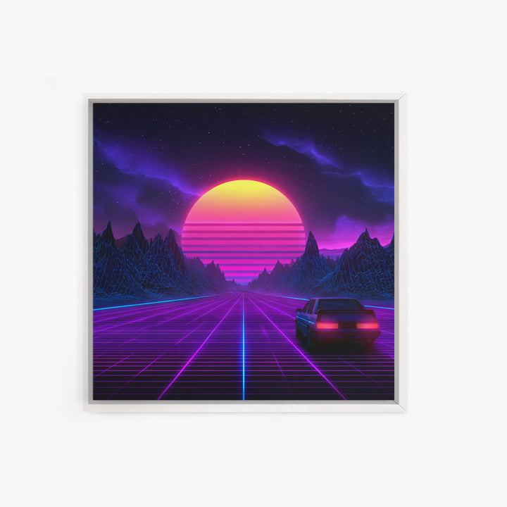 Neon Retro Highway Vaporwave Landscape Wall Art Canvas Print, Futuristic Sci Fi Gaming Room Decor Modern Abstract Art