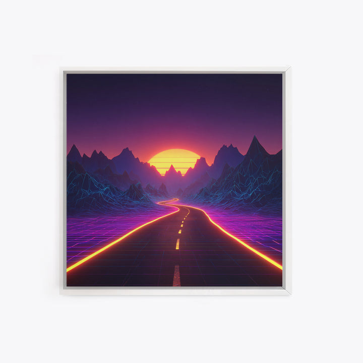 Retro Futuristic Neon Road Wall Art, Synthwave Landscape Poster, Gaming Room Decor, Vibrant 80s Style Canvas Print