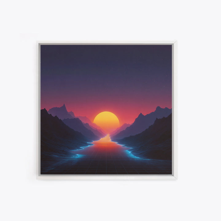 Retro Synthwave Sunset Over Neon River Wall Art, Futuristic 80s Vaporwave Landscape Canvas Print For Gaming Room