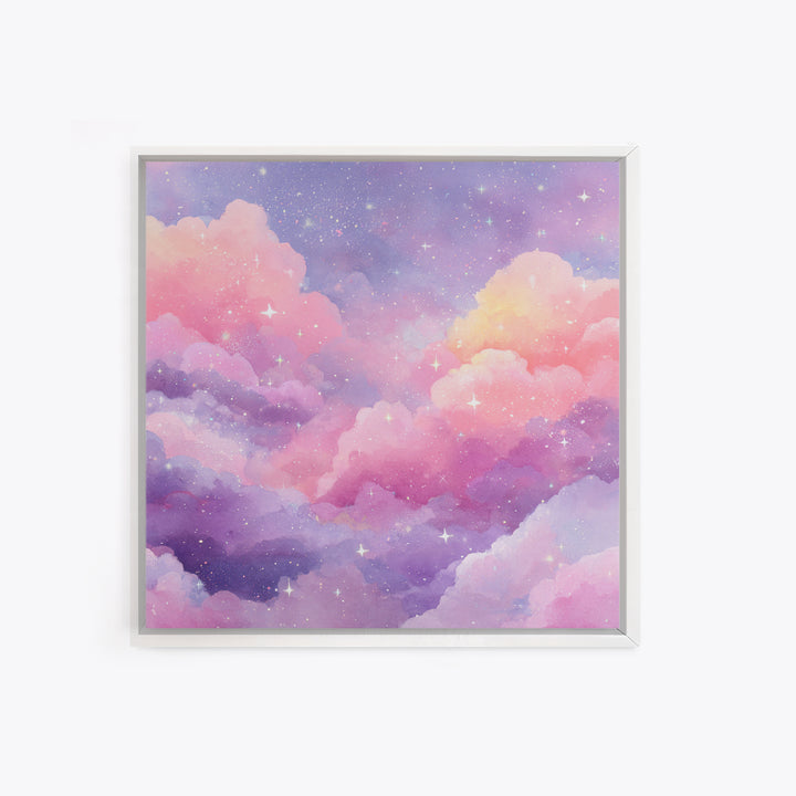 Pink Lavender Starry Clouds Wall Art, Pastel Celestial Canvas Print, Dreamy Nursery Decor, Girls Room Decor, Whimsical Art