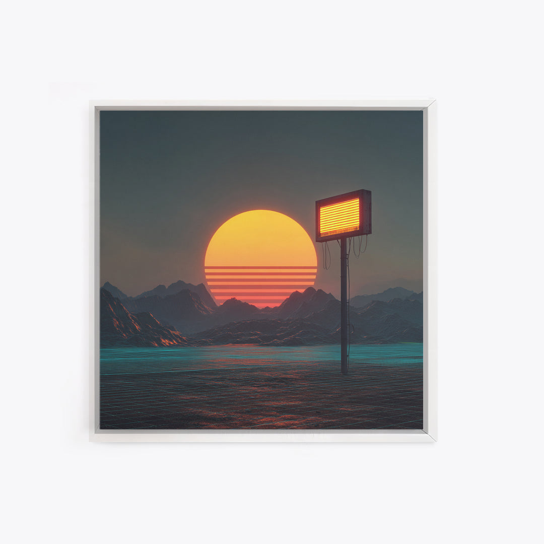 Futuristic Neon Sun Over Sci Fi Mountains Wall Art, Cyberpunk Landscape Home Decor, Retro Synthwave Canvas Print