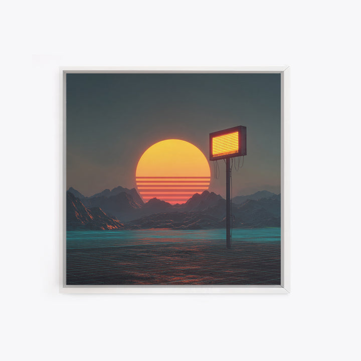 Futuristic Neon Sun Over Sci Fi Mountains Wall Art, Cyberpunk Landscape Home Decor, Retro Synthwave Canvas Print