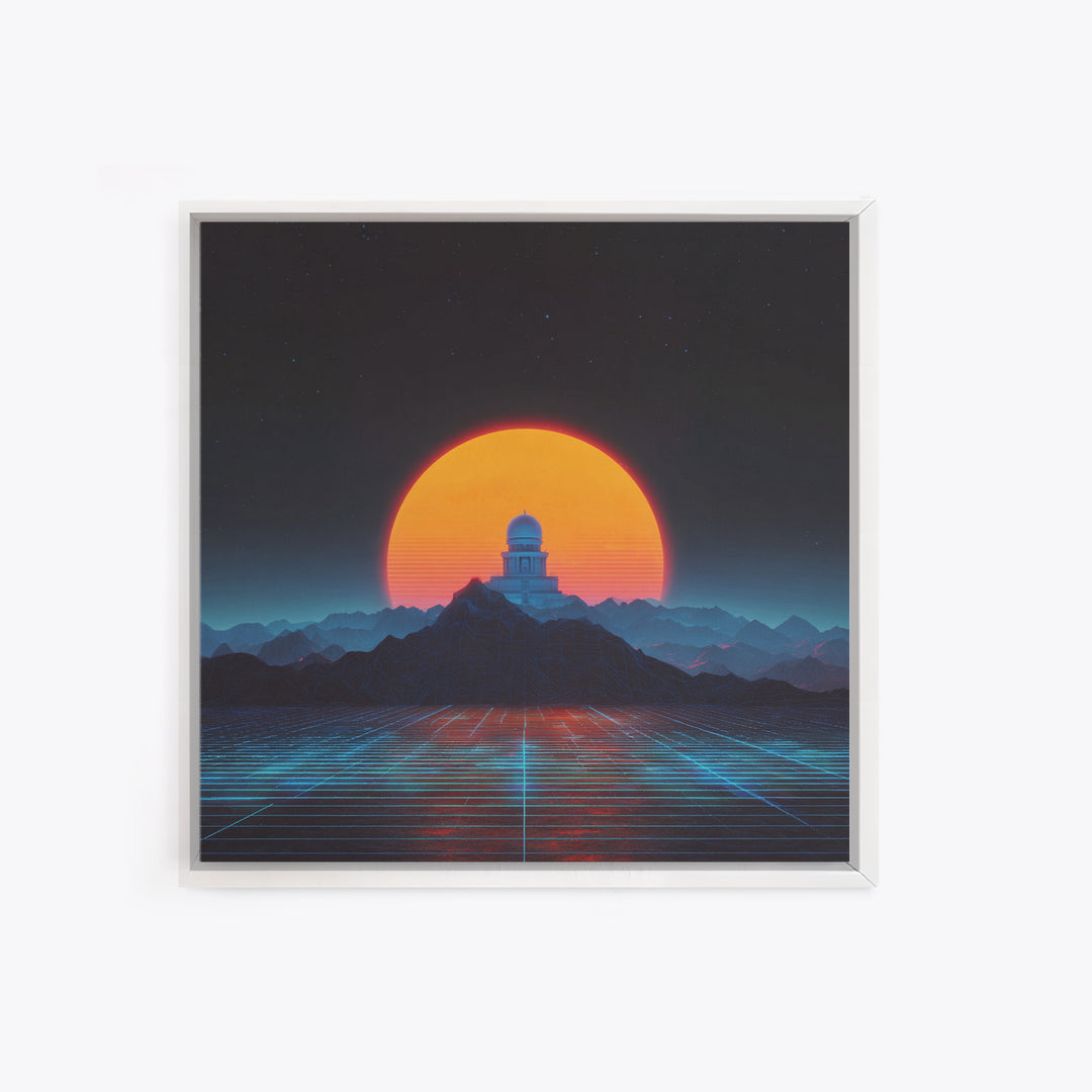 Sci Fi Observatory Sunset Landscape Wall Art, Retro Futuristic Mountains, Neon Synthwave Canvas Print Decor