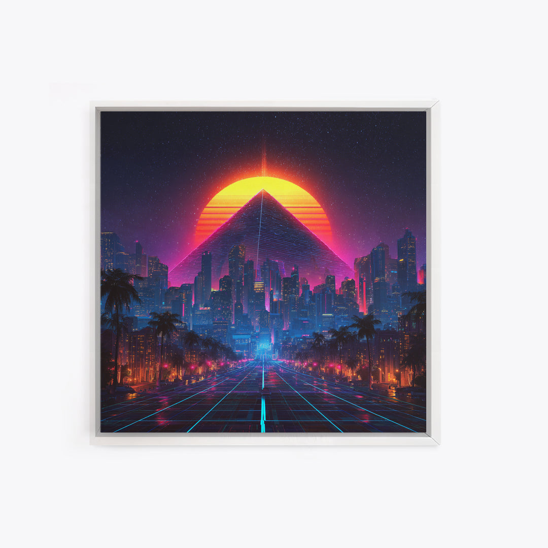 Retro Futuristic Neon City Pyramid Wall Art, Cyberpunk Sunset Canvas Print, Synthwave Gaming Room Decor, Sci Fi Art