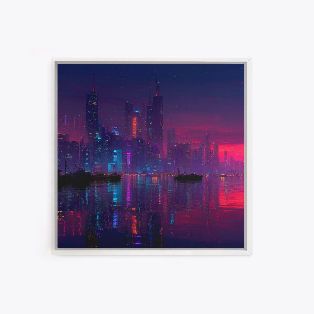 Cyberpunk Neon City Skyline Wall Art, Futuristic Night Harbor Canvas Print, Sci Fi Cityscape Decor, Gaming Room Modern Wall Art