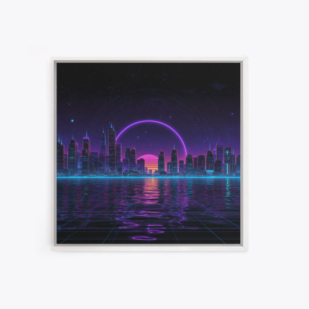 Neon City Skyline Over Water Retro Futuristic Wall Art Vaporwave Cityscape Canvas Print Gaming Room Decor