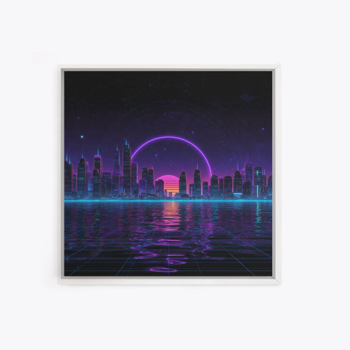 Neon City Skyline Over Water Retro Futuristic Wall Art Vaporwave Cityscape Canvas Print Gaming Room Decor