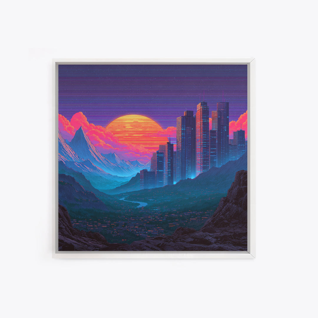 Cyberpunk City Neon Sunset Landscape Wall Art Futuristic Skyline Painting Gaming Room Decor Modern Wall Art Canvas Print