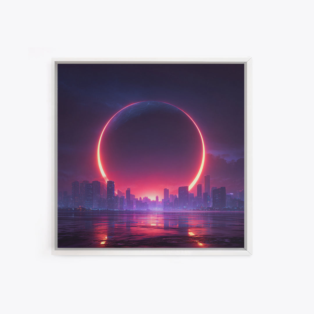 Futuristic Eclipse Cityscape Canvas Print, Neon Sci Fi Wall Art, Cyberpunk Skyline Decor For Gaming Room Or Modern Office