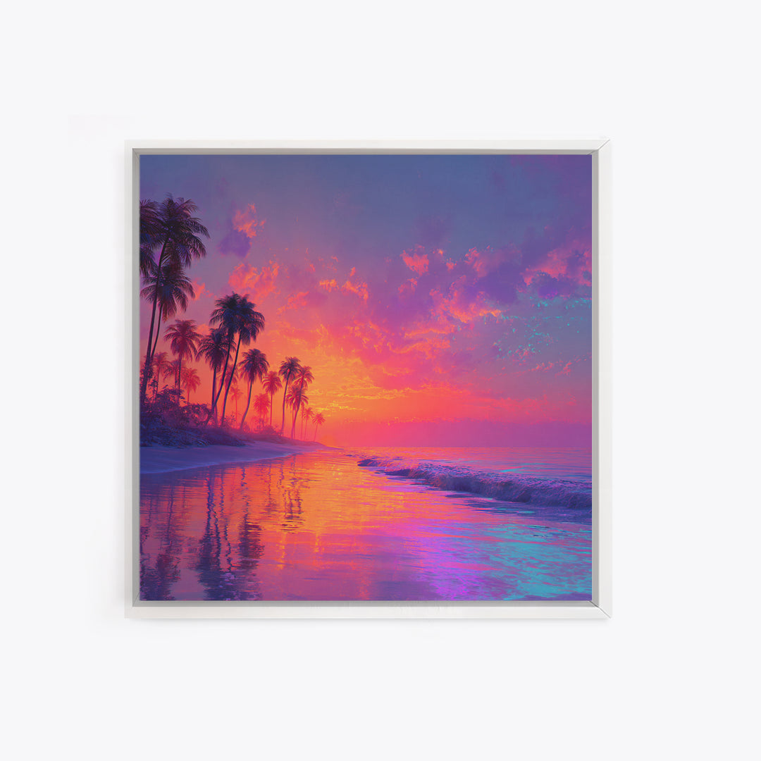 Dreamy Tropical Sunset Beach Wall Art, Colorful Coastal Ocean Canvas Print, Beach House Decor, Modern Coastal Art Print