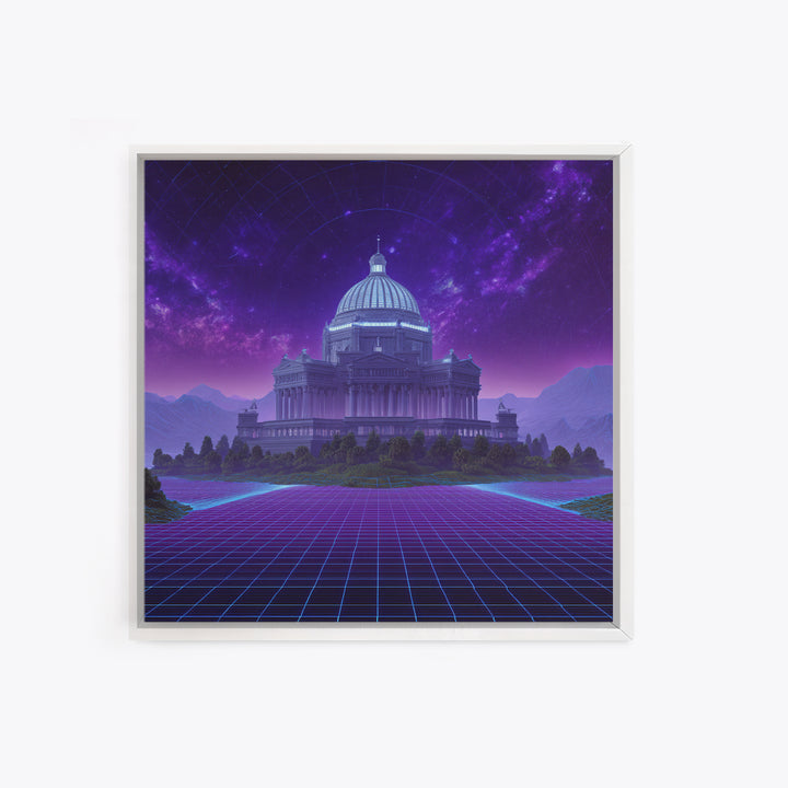 Retro Futuristic Palace Under Stars Wall Art, Neon Sci Fi Cityscape Canvas Print, Cyberpunk Gaming Room Decor