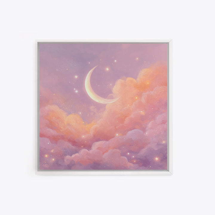 Soft Crescent Moon In Peach Clouds Canvas Print, Celestial Wall Art, Romantic Bedroom Decor, Calming Nursery Art, Cozy Wall Decor