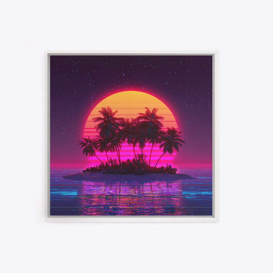 Retro Vaporwave Palm Island Wall Art, Neon Ocean Sunset Canvas Print, Aesthetic 80s Coastal Decor, Gaming Room Modern Wall Art
