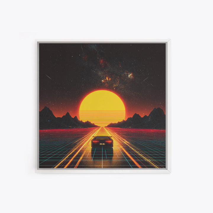 Retro Futuristic Car Road To Giant Neon Sun Wall Art, Synthwave Grid Landscape Canvas Print