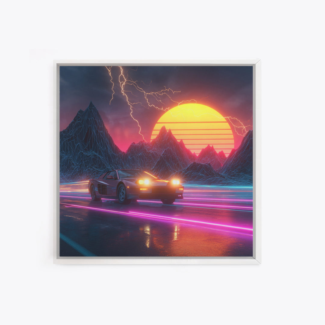 Retro Sports Car In Neon Sunset Mountains Wall Art, Cyberpunk Cityscape Canvas Print, Futuristic Gaming Room Decor