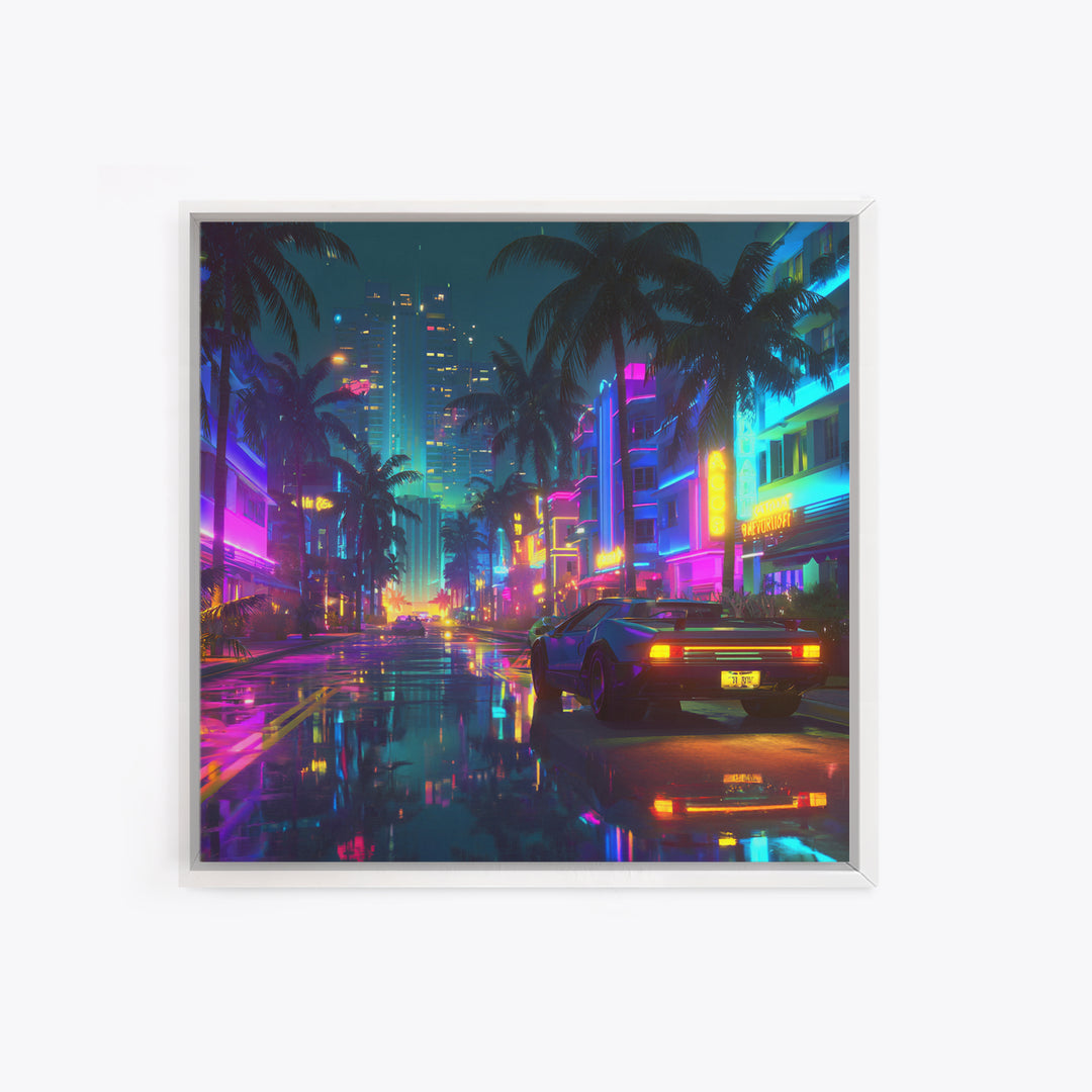 Neon Retro Futuristic City Street Wall Art, Cyberpunk Car Night Cityscape Print, Gaming Room Decor Canvas Print