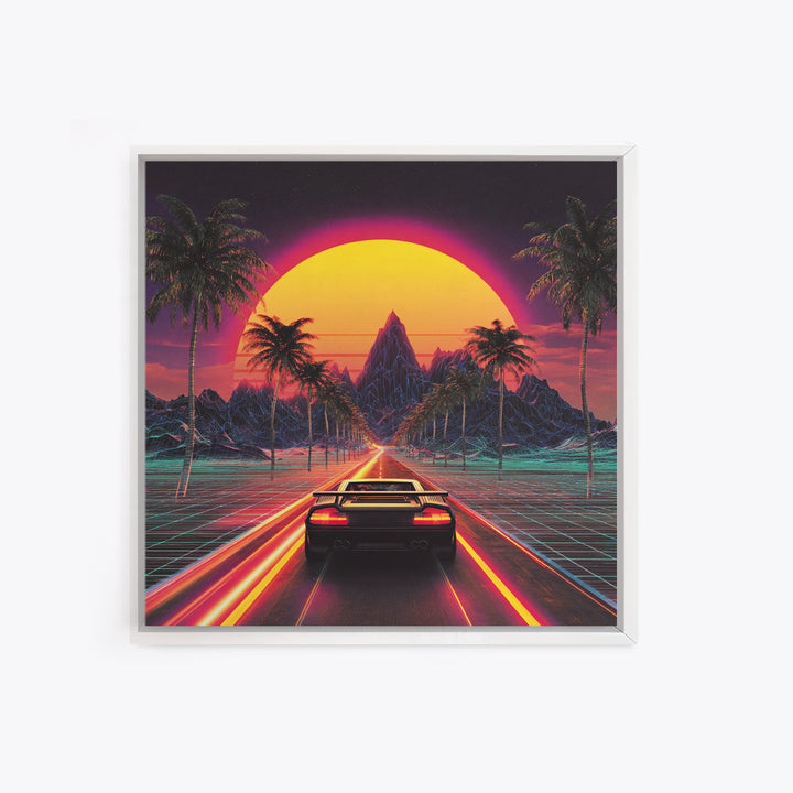 Retro Synthwave Sunset Car Wall Art Canvas Print, Neon Cityscape Art, 80s Vaporwave Decor, Gaming Room Wall Art