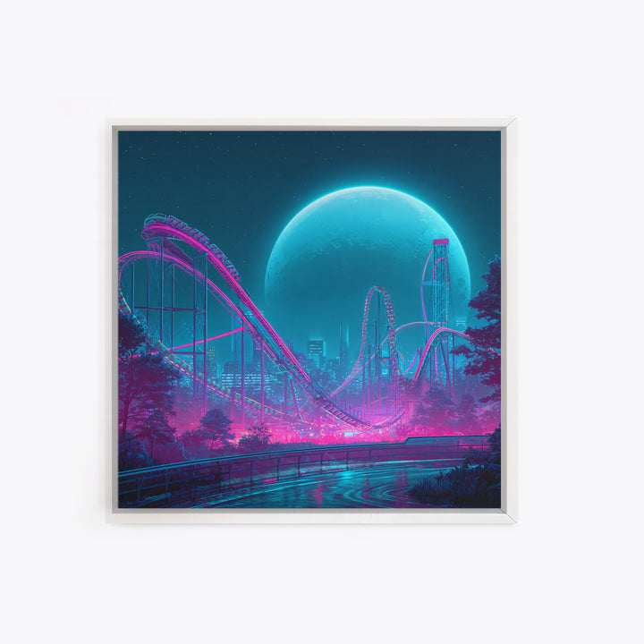 Neon Roller Coaster Under Full Moon Wall Art, Futuristic Night Amusement Park Canvas Print, Cyberpunk Gaming Decor