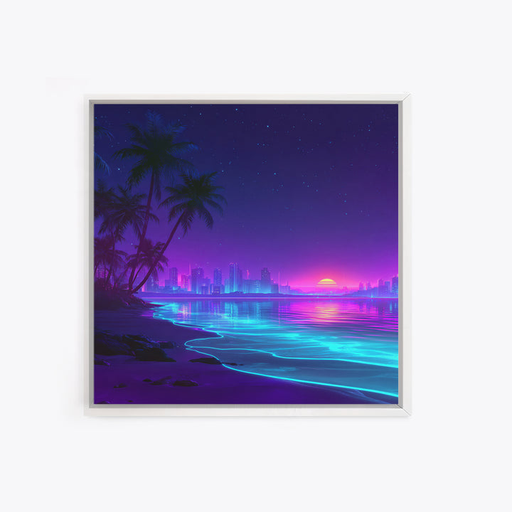 Neon City Beach Sunset Wall Art, Retro Futuristic Coastal Landscape Canvas Print, Modern Coastal Home Decor