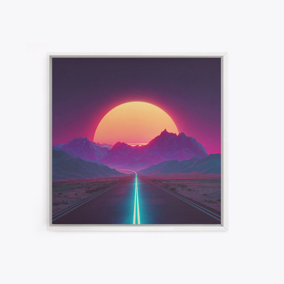 Neon Sunset Mountain Road Wall Art, Retro Futuristic Landscape Canvas Print, Cyberpunk Space Art For Gaming Room And Modern Home Decor