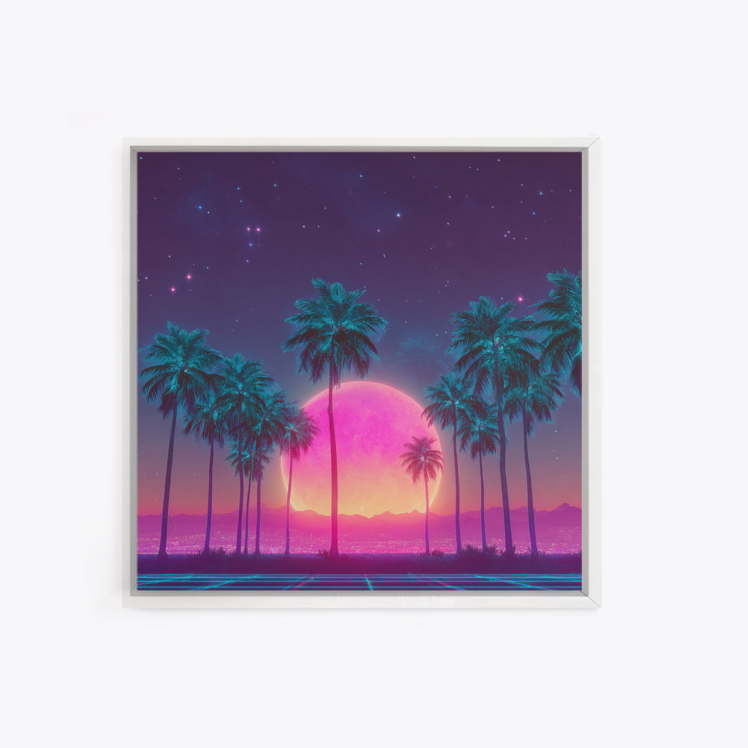 Vibrant Neon Cityscape With Palm Trees And Pink Moon Night Sky Futuristic Wall Art Framed Canvas Print For Living Room