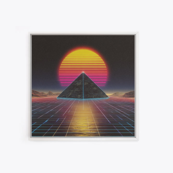 Retro Synthwave Pyramid Sunset Wall Art, Neon Grid Landscape Canvas Print, 80s Aesthetic Home Decor, Sci Fi Poster