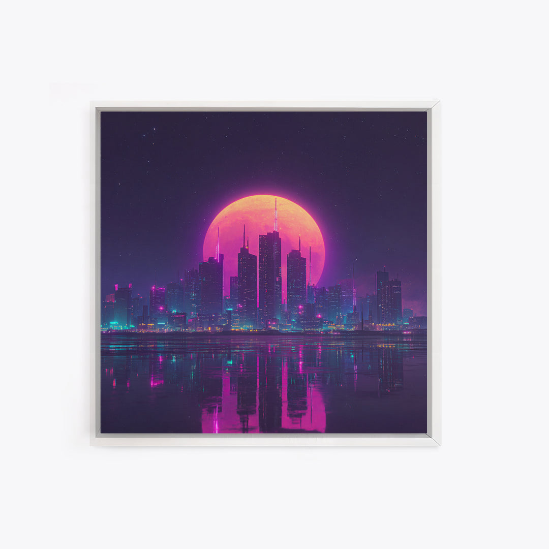 Neon Moon Over Futuristic City Skyline Wall Art, Cyberpunk Night Cityscape Print, Modern Gaming Room Canvas Print