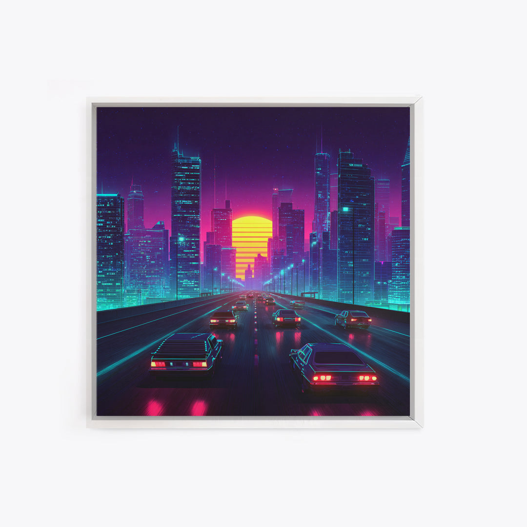 Neon Retro Highway Cityscape Wall Art, Futuristic Synthwave Sunset Canvas Print, Cyberpunk City Modern Home Decor