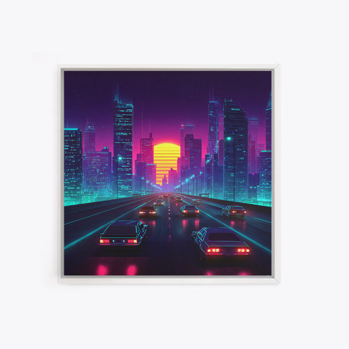 Neon Retro Highway Cityscape Wall Art, Futuristic Synthwave Sunset Canvas Print, Cyberpunk City Modern Home Decor