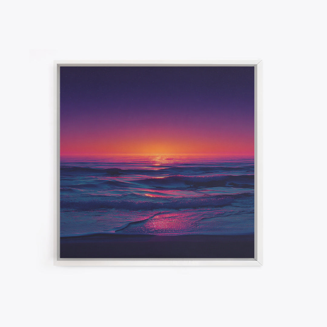 Neon Sunset Over Ocean Waves Wall Art, Colorful Coastal Landscape Print, Modern Beach House Decor Canvas Print