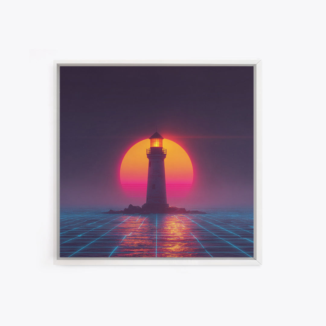 Retro Futuristic Lighthouse Neon Sunset Canvas Print, Synthwave Coastal Wall Art, Vaporwave Ocean Scene For Gaming Room Decor