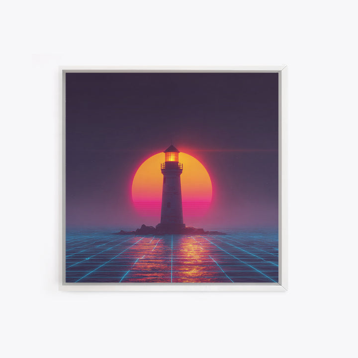 Retro Futuristic Lighthouse Neon Sunset Canvas Print, Synthwave Coastal Wall Art, Vaporwave Ocean Scene For Gaming Room Decor
