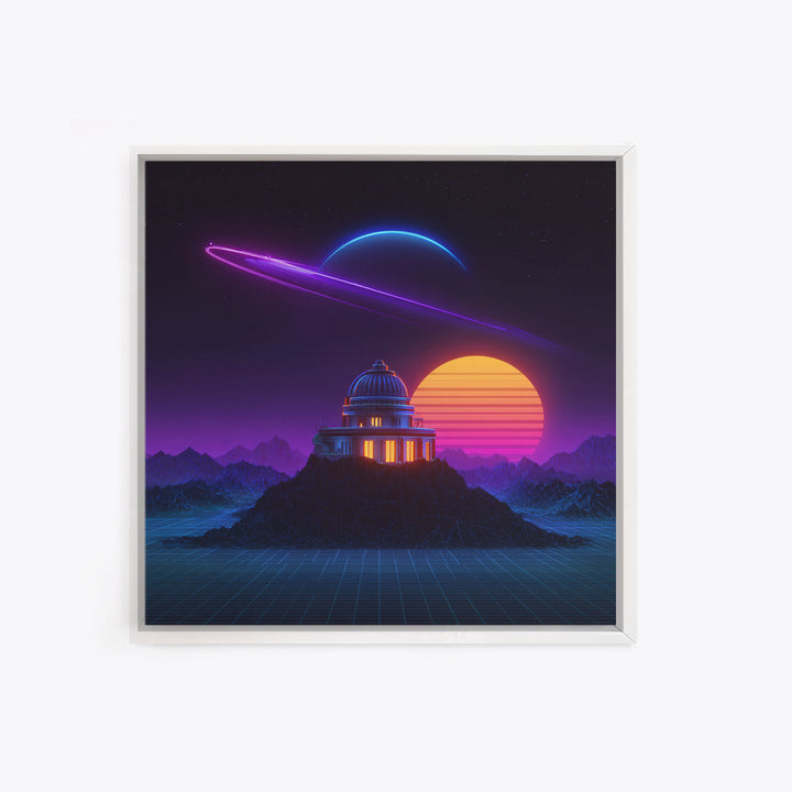 Retro Futuristic Observatory Space Landscape Wall Art, Neon Planet Sci Fi Canvas Print, Vaporwave Decor For Gaming Room