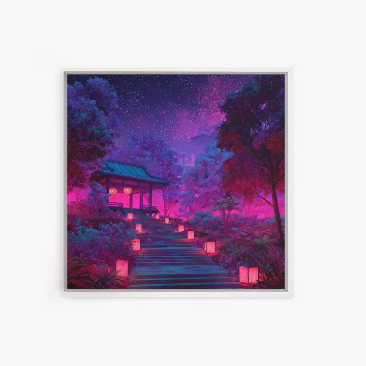 Neon Garden Lantern Path Under Starry Sky Wall Art, Dreamy Japanese Landscape Canvas Print, Aesthetic Room Decor