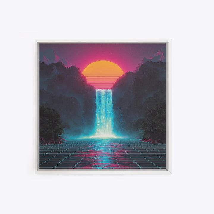 Neon Waterfall Sunset Sci Fi Landscape Wall Art Retro Futuristic Mountain Canvas Print For Gaming Room Modern Home Decor