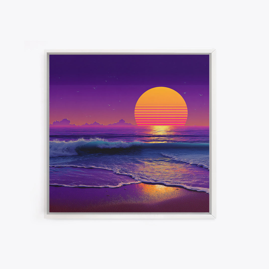 Neon Waves At Dusk Ocean Wall Art, Retro Sunset Beach Print, Vibrant Coastal Home Decor, Synthwave Seascape Living Room Wall Art