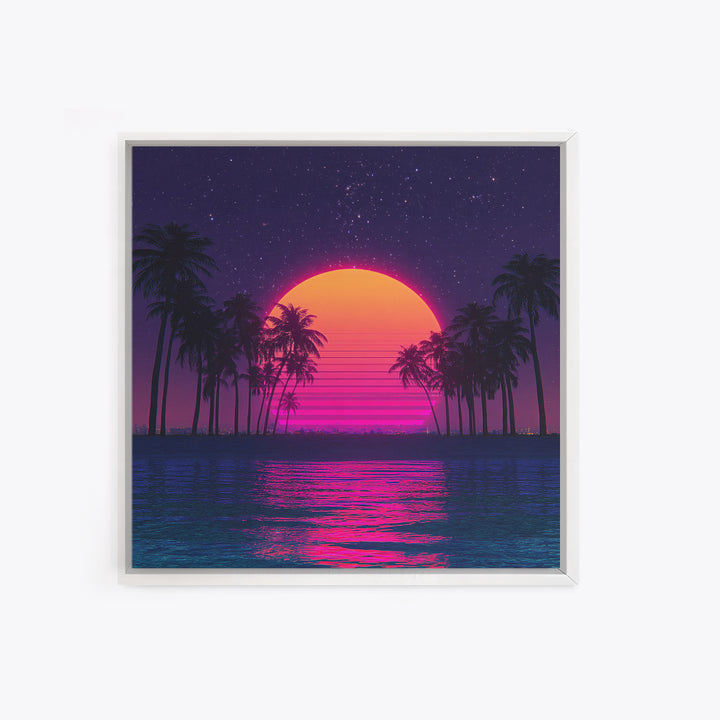 Neon Sunset Palm Tree Beach Canvas Print, Retro Wave Ocean Wall Art, Vibrant Coastal Home Decor, 80s Synthwave Bedroom Art