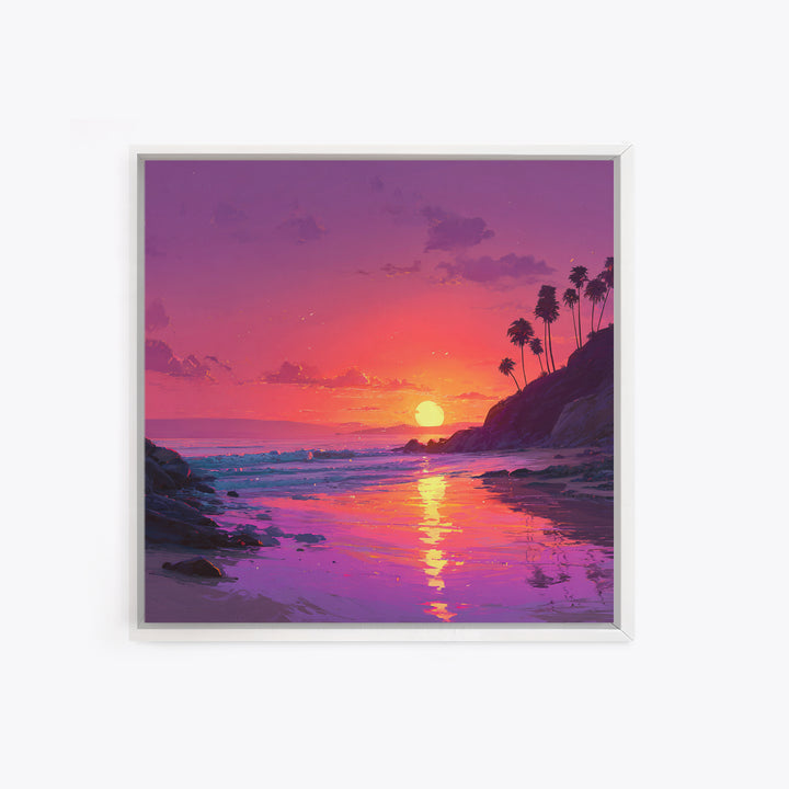 Tropical Sunset Beach Wall Art, Pink Orange Ocean Painting, Coastal Landscape Print, Modern Coastal Decor Framed Canvas Print