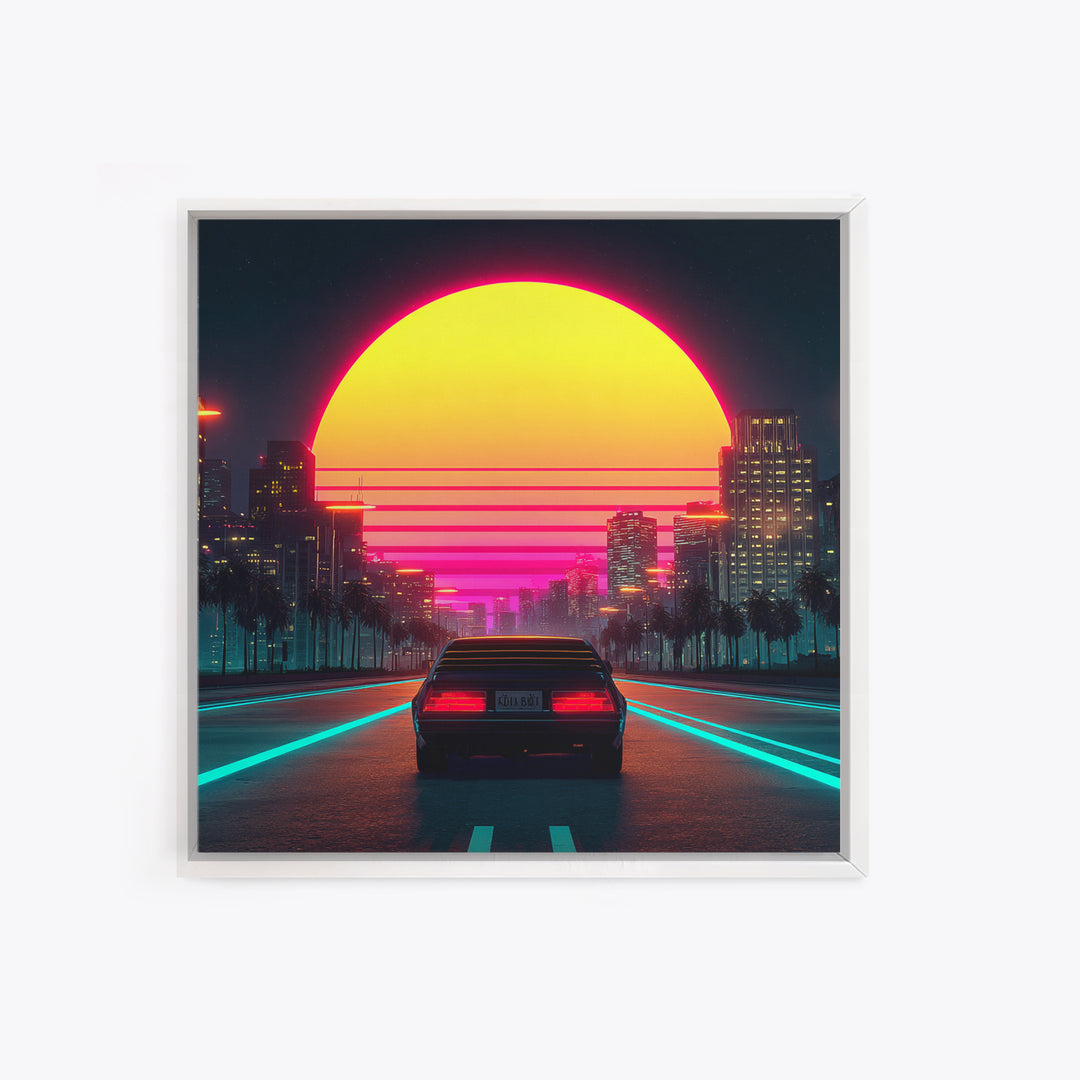 Retro Neon Car Driving Into Sunset Cityscape Wall Art Modern Abstract Framed Canvas Print Home Decor