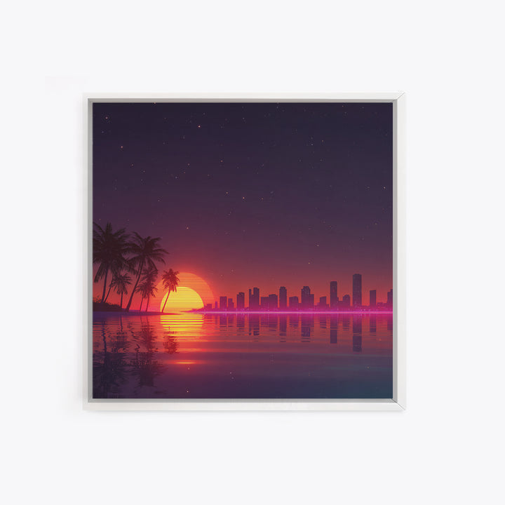 Neon City Skyline Sunset Over Water Retro Coastal Wall Art, Vibrant Nightscape Canvas Print For Modern Home Decor