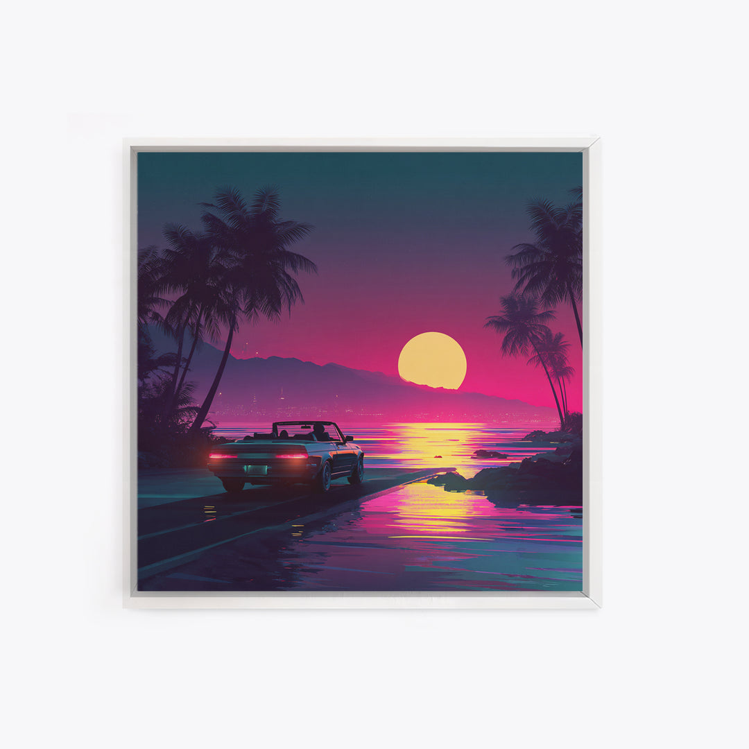 Retro Convertible Driving Into Neon Sunset Wall Art, 80s Aesthetic Beach Road Canvas Print, Vaporwave Room Decor