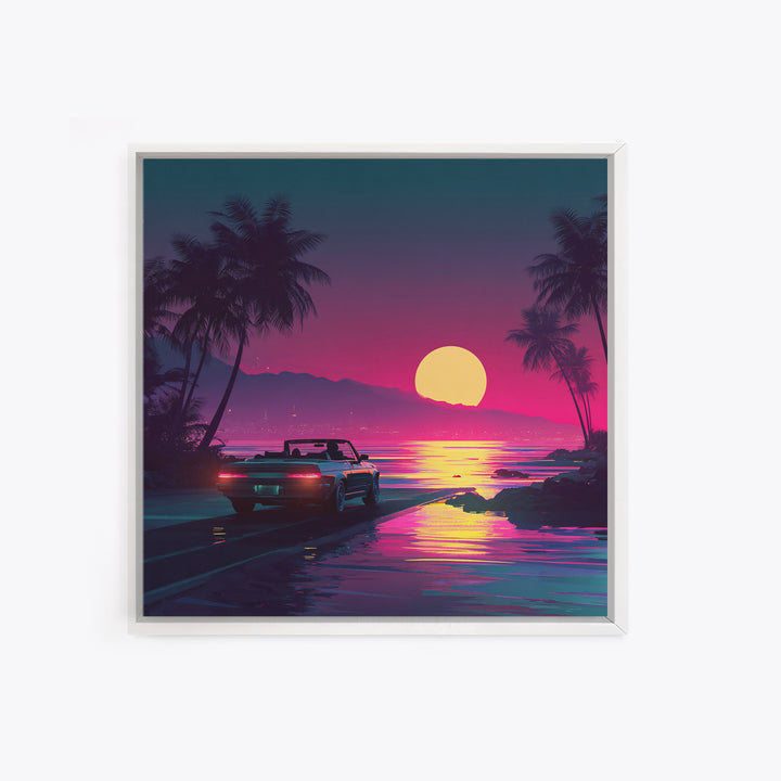 Retro Convertible Driving Into Neon Sunset Wall Art, 80s Aesthetic Beach Road Canvas Print, Vaporwave Room Decor