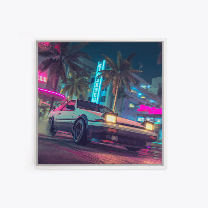 Retro Night City Car Wall Art, Neon Cyberpunk Street Canvas Print, Futuristic Cityscape Art, Gaming Room Decor Poster