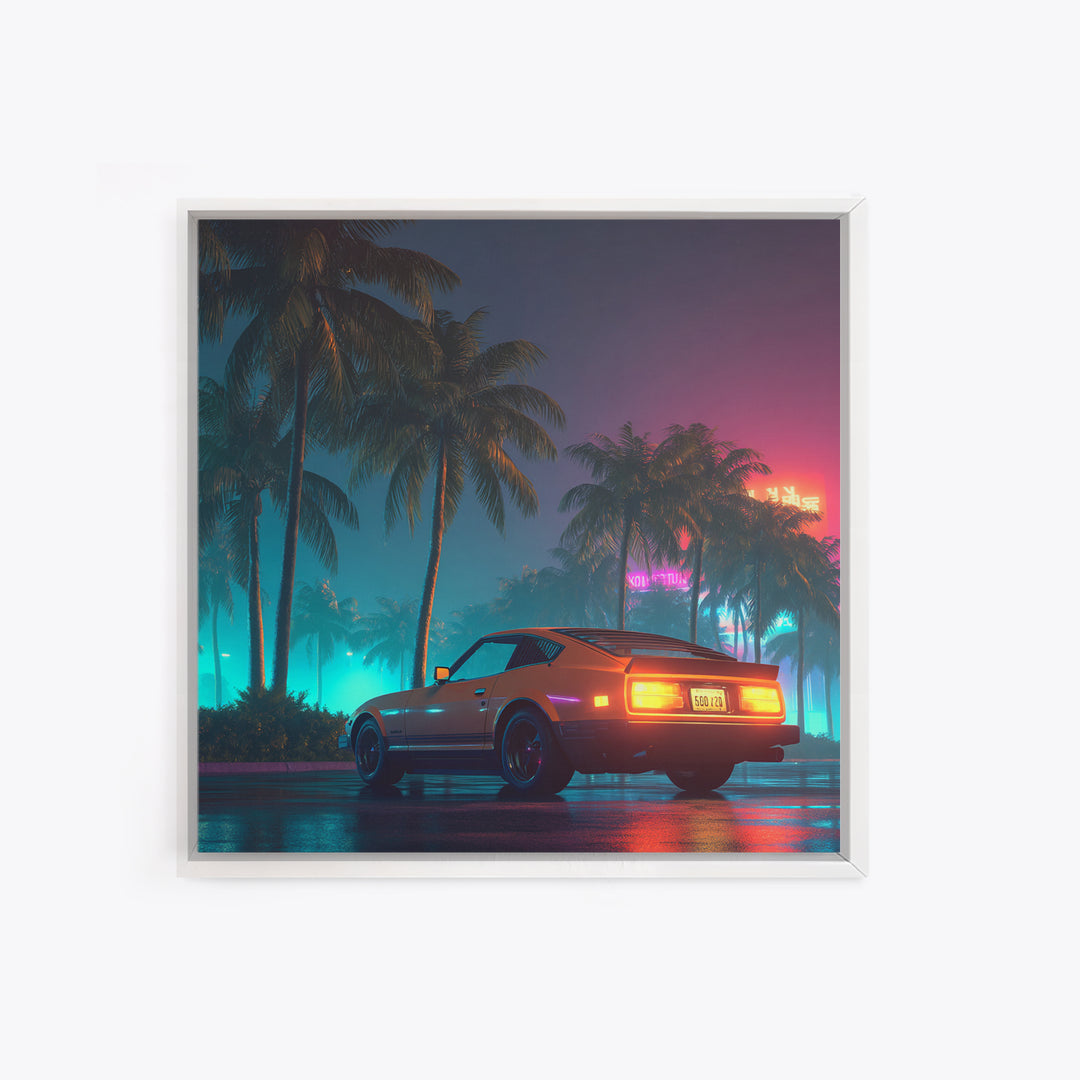 Retro Night Drive Wall Art, Neon Palm Street With Classic Car Canvas Print, Vaporwave Aesthetic Decor
